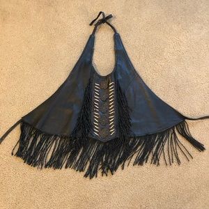Black Leather Fringe Halter